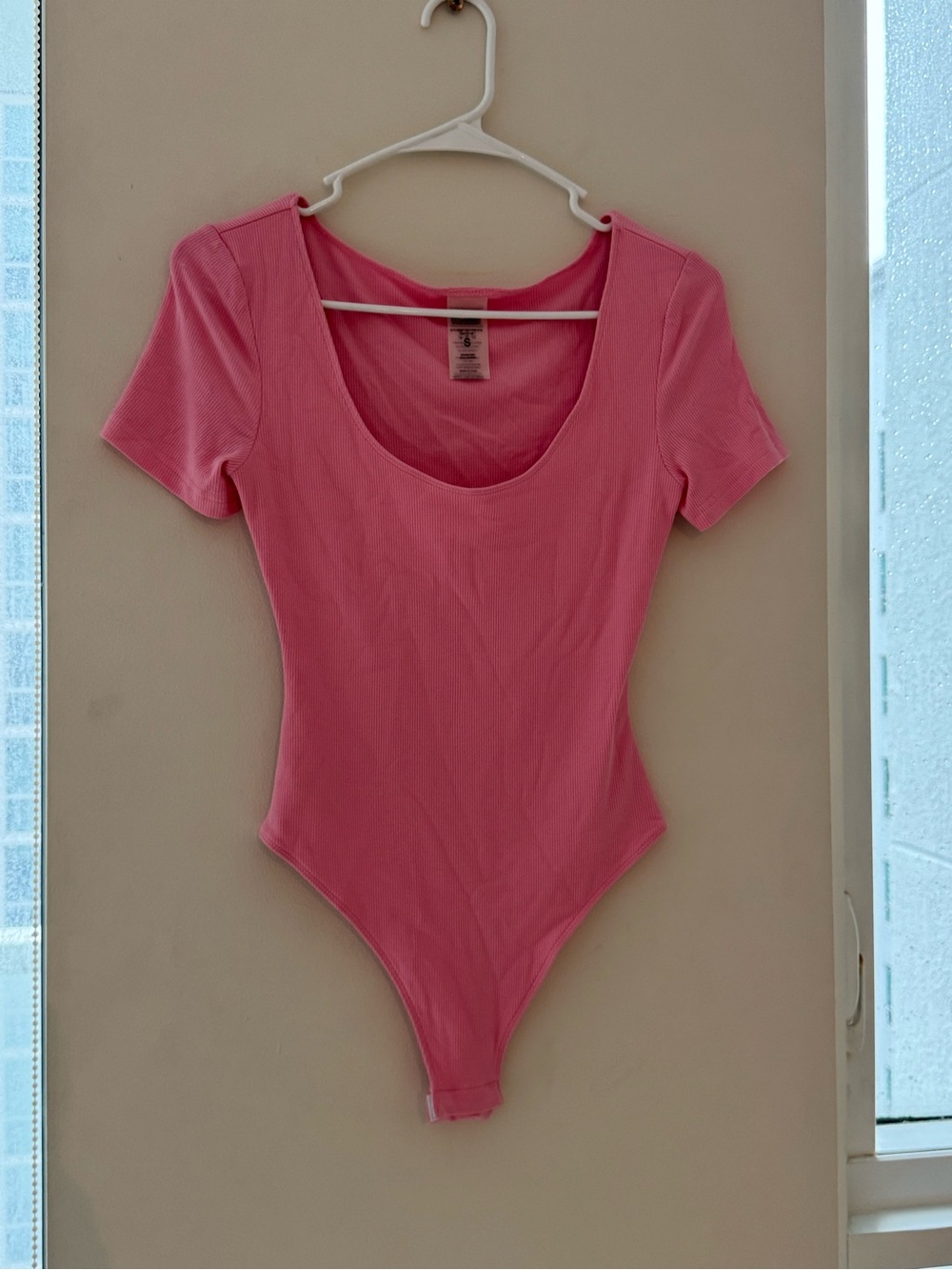 Kittenish Ribbed Scoop Neck Pink Bodysuit